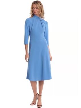 High-Neck Sky Blue Midi Dress with Three-Quarter Sleeves